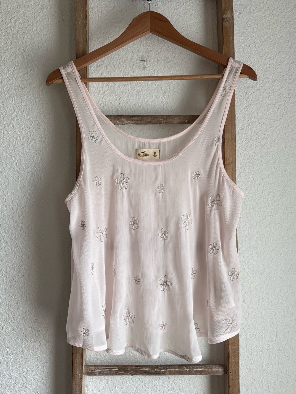 Hollister Pink Boho Floral Embroidery Chiffon Tank Cami sz: Med